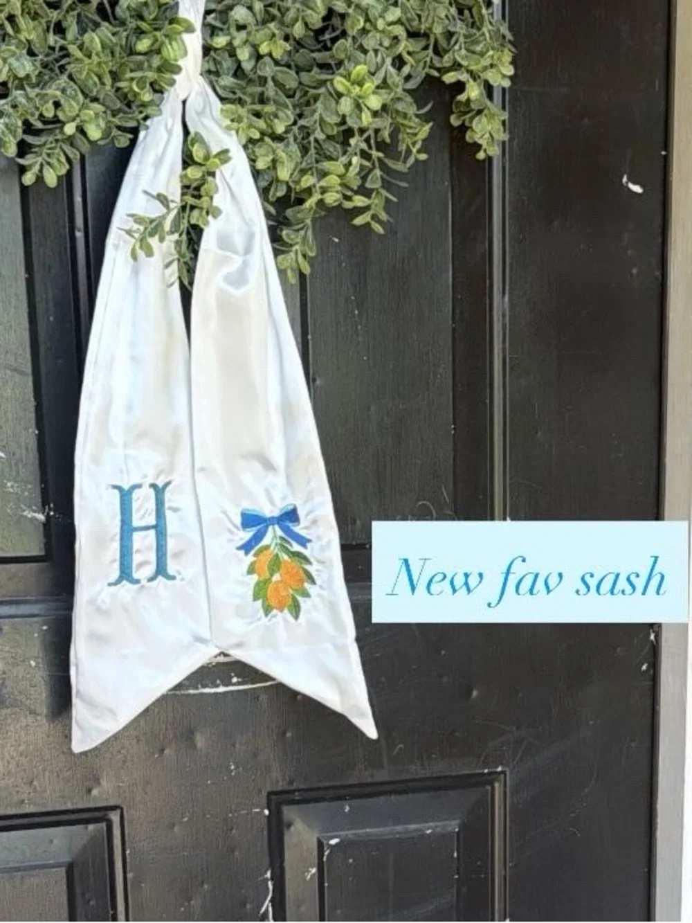 Monogrammed White Satin Sash with Blue and Orange Embroidery